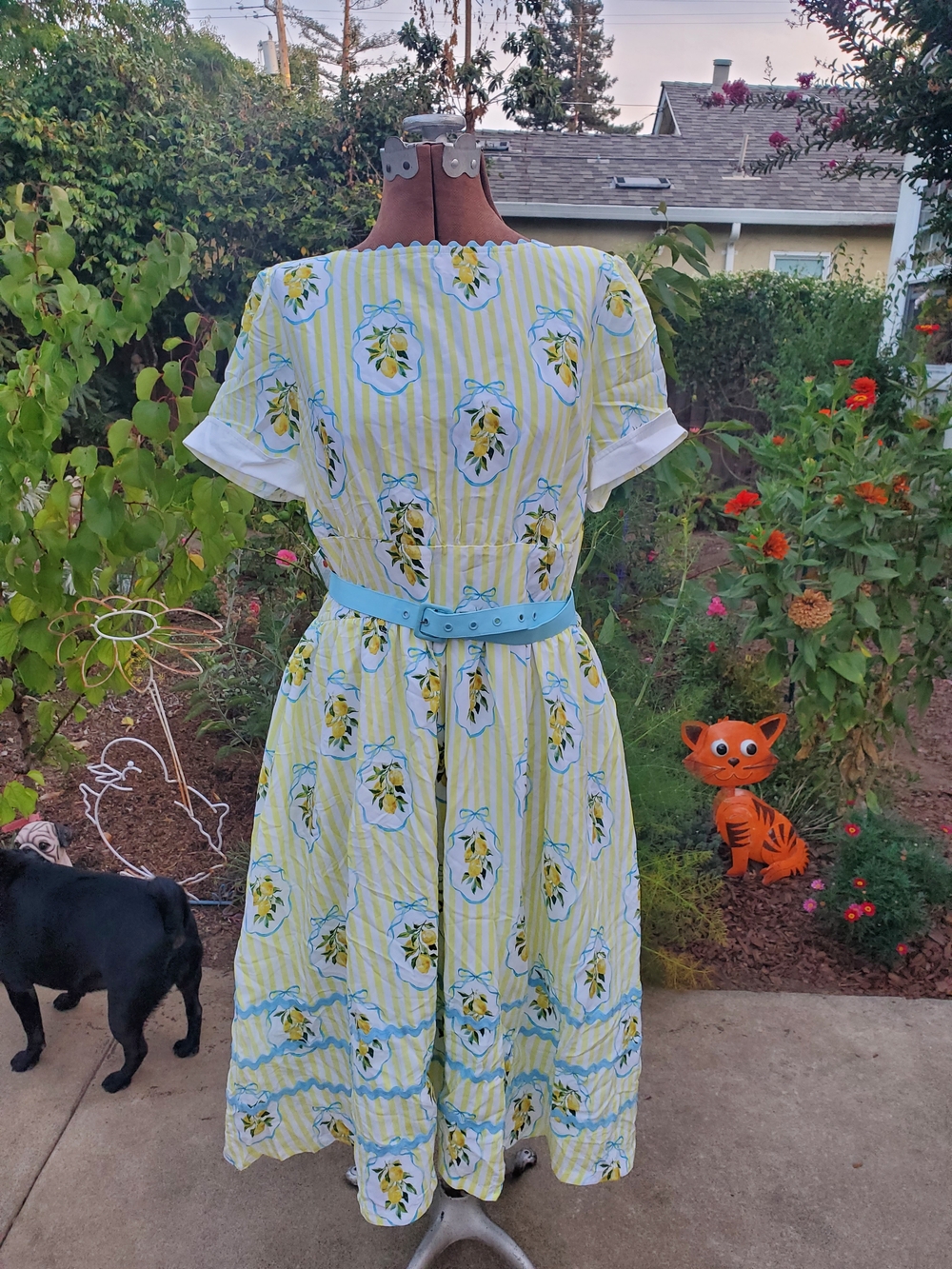 Unique Vintage Yellow Lemon Striped Swing Dress Yellow & White XL